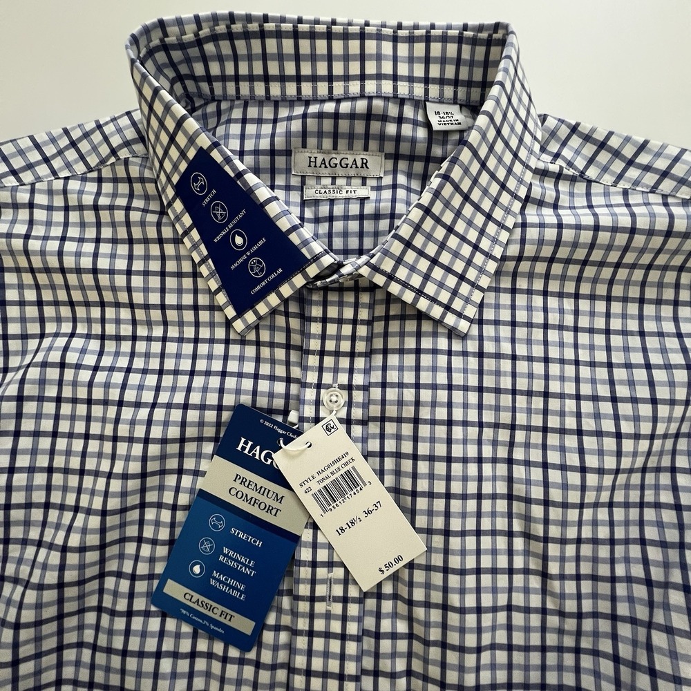 Haggar NWT Classic Fit Dress Shirt 18-18.5 36/37 Blue Check Stretch Comfort